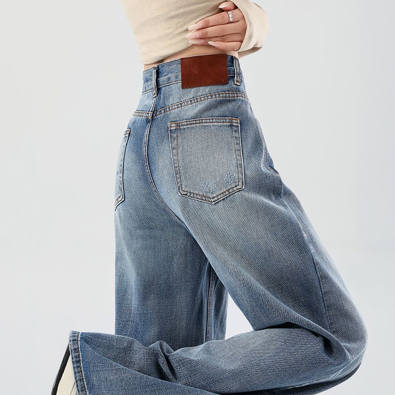 Spring Summer Vintage Blue Ripped Relaxed Straight Wide Leg Trendy Denim Pants Ladies Casual Pants Oversize Denim Trousers