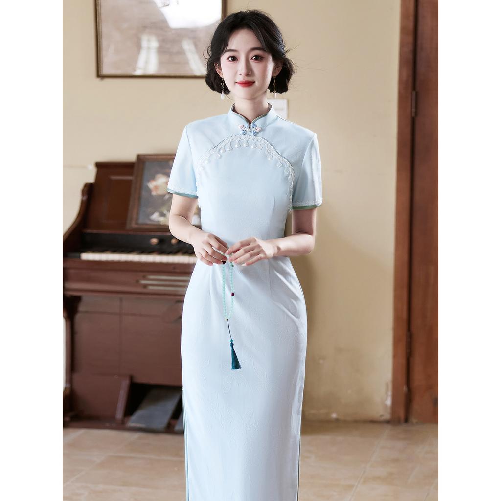 Blue spring and summer new Chinese 1011 cheongsam that can be worn to work, new high-end atmospheric and high-grade four-leaf flower