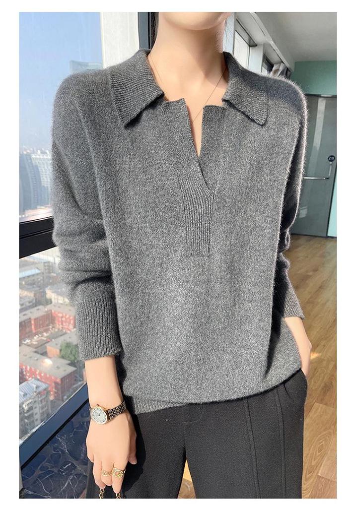 Women's 100% Pure Wool Loose Fit Polo Collar Cashmere Sweater - Autumn/Winter 2024 Collection.