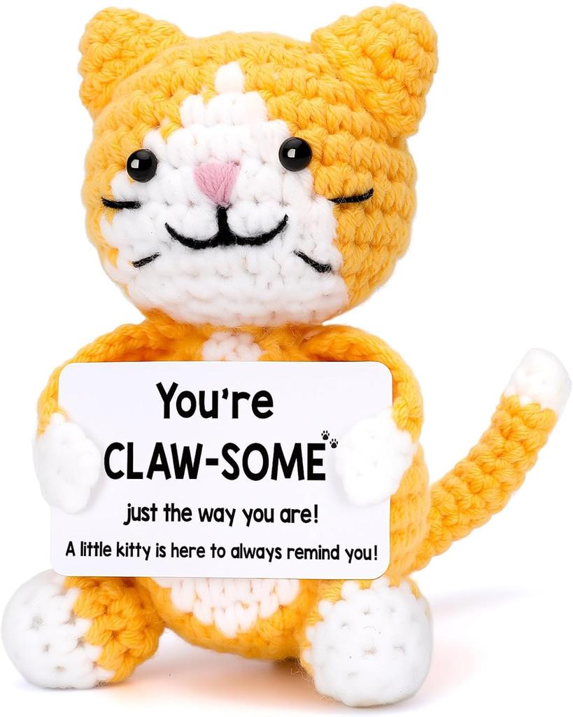 Positive Crochet Cat Doll with Card Home Room Decor Handmade Knitting Emotional Support Cat Animal Ornament Christmas Gift