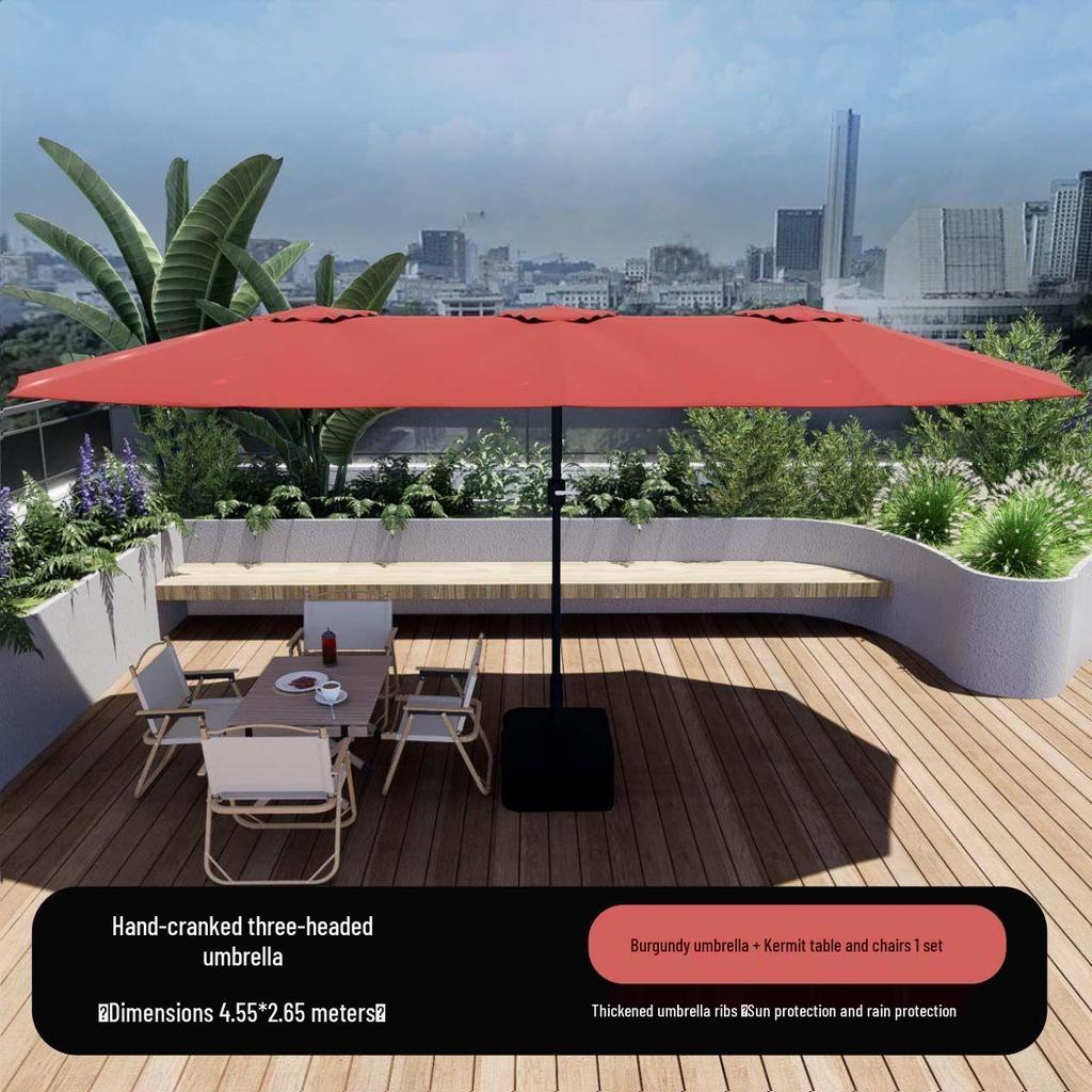 Large Outdoor Cafe & Terrace Sun Umbrella with Three-Head Center Pole