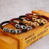 Pulseira de couro trançado preto vermelho para homens, pulseiras masculinas de couro de vaca, punk rock gótico, aço inoxidável 316L, joias com cabeça de caveira