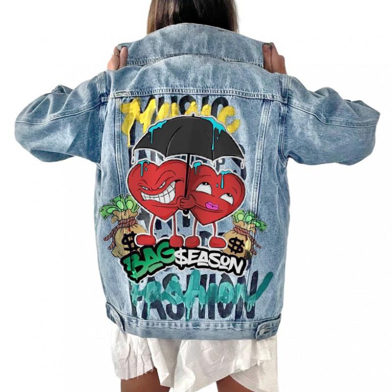 2618 Cartoon Graffiti Denim Jacket Womens Fall Winter Baseball Coat Streetwear