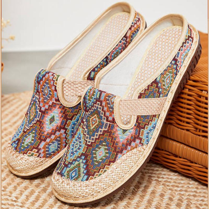 Women's ethnic style half slippers with linen toe caps, women's soft soled casual single shoes