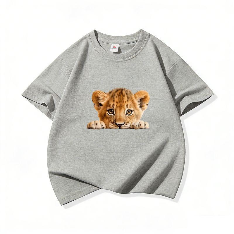 Kids Cotton T Shirt Cute Peeking Lion Cub Print Crew Neck Short Sleeve Tee Casual Breathable Boys Girls Summer Tops