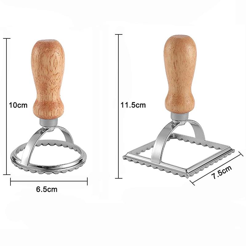 Ravioli-Ausstecher mit Teigrädchen-Set, Pasta-Form mit Holzgriff und geriffeltem Rand, Runde und Quadratische Form