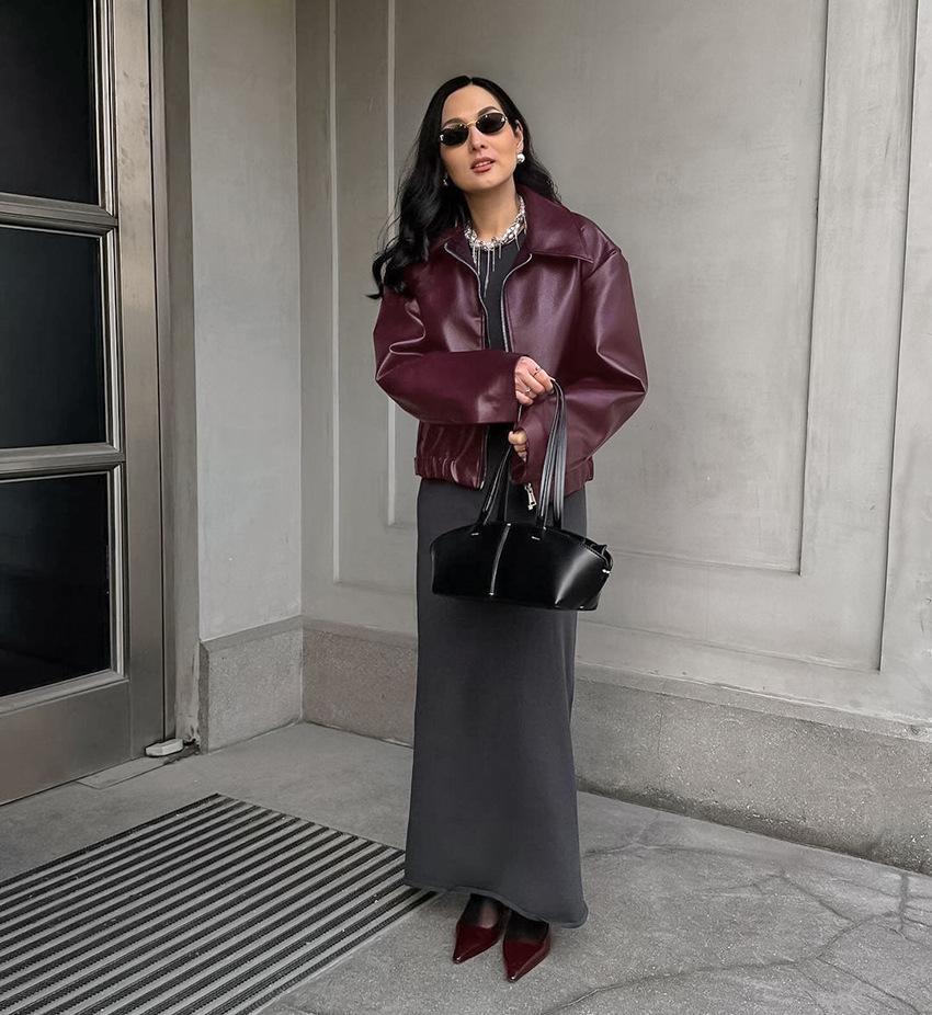 Women's Burgundy Retro Motorcycle Leather Jacket - 2024 Autumn European & American Matte Style