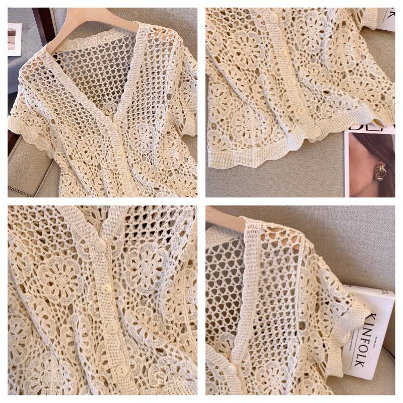 Vintage V Neck Handmade Crochet Knit Cardigan Women Summer Fashion Hollow Out Design Casual Versatile Loose Slimming Blouse