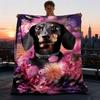 1pc Floral Dog Print Outdoor Flannel Blanket , Machine Washable Perfect Gift for Birthday , Holiday Travel Accessory , Durable Material