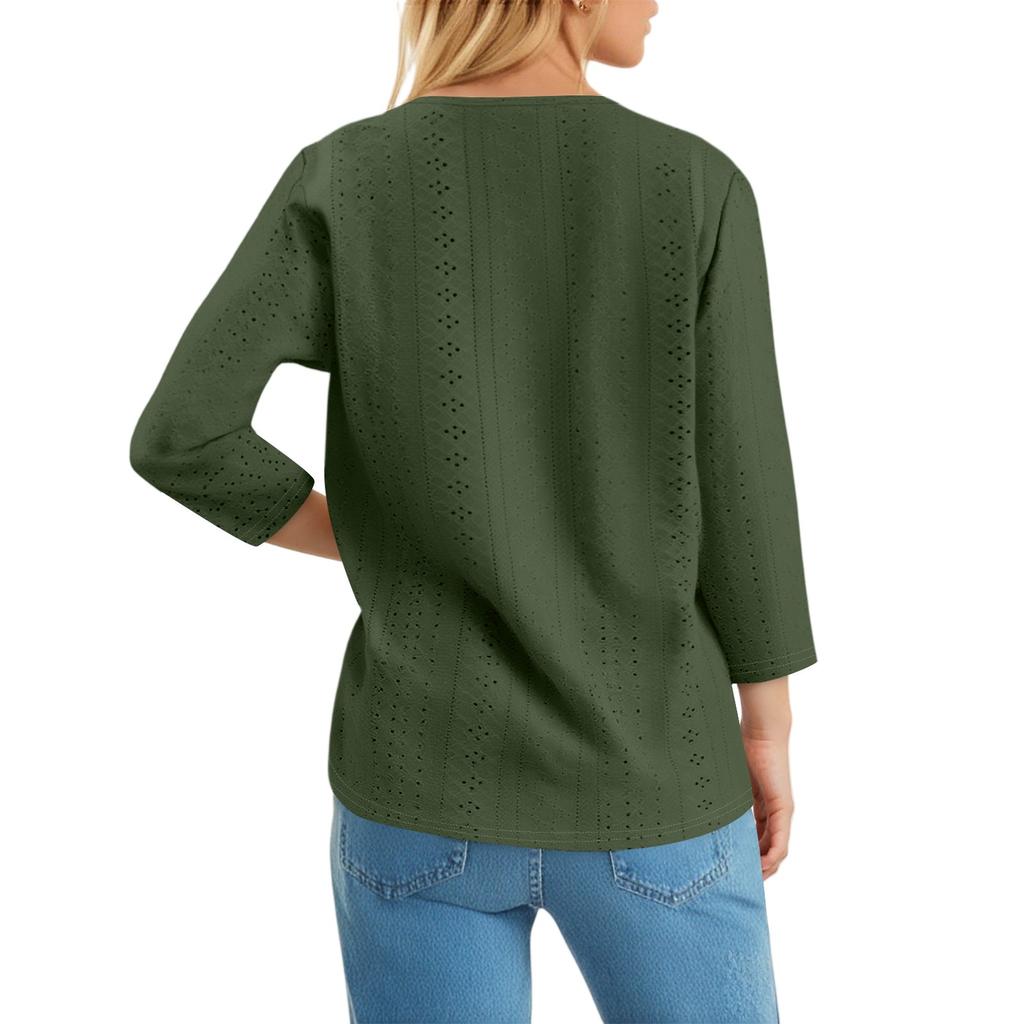 T-skjorte for kvinner T-skjorte med knapp 3/4 ermer Daglig helgmote Basic V-hals vanlig topp