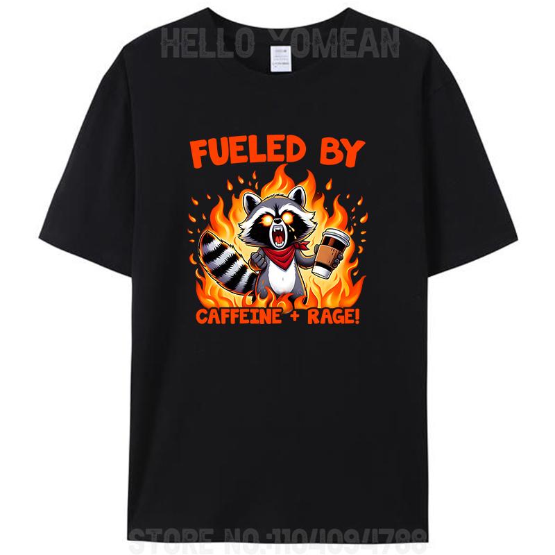 Alimenté par la rage de la caféine Drôle Raton laveur Vintage Femmes Hommes T-shirt 100% Coton T-shirts Hauts Mode Nouveauté Cadeaux