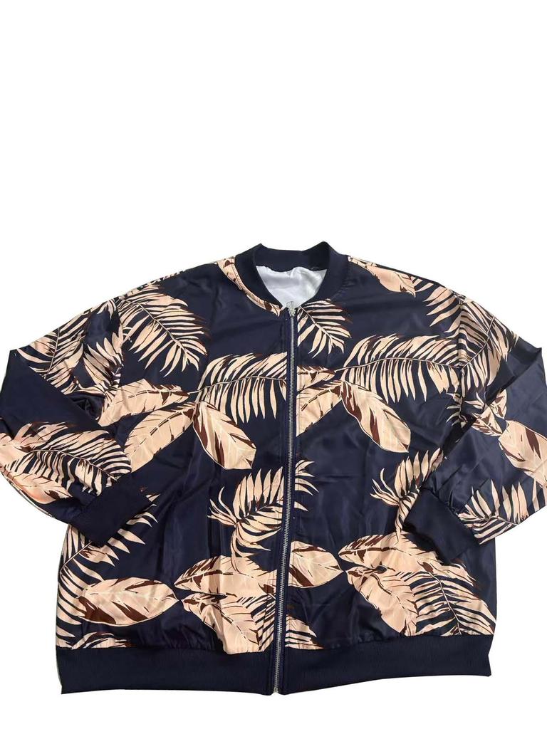 Elegant Floral Zippered Long Sleeve Baseball Collar Jacket - Plus Size for Autumn & Winter