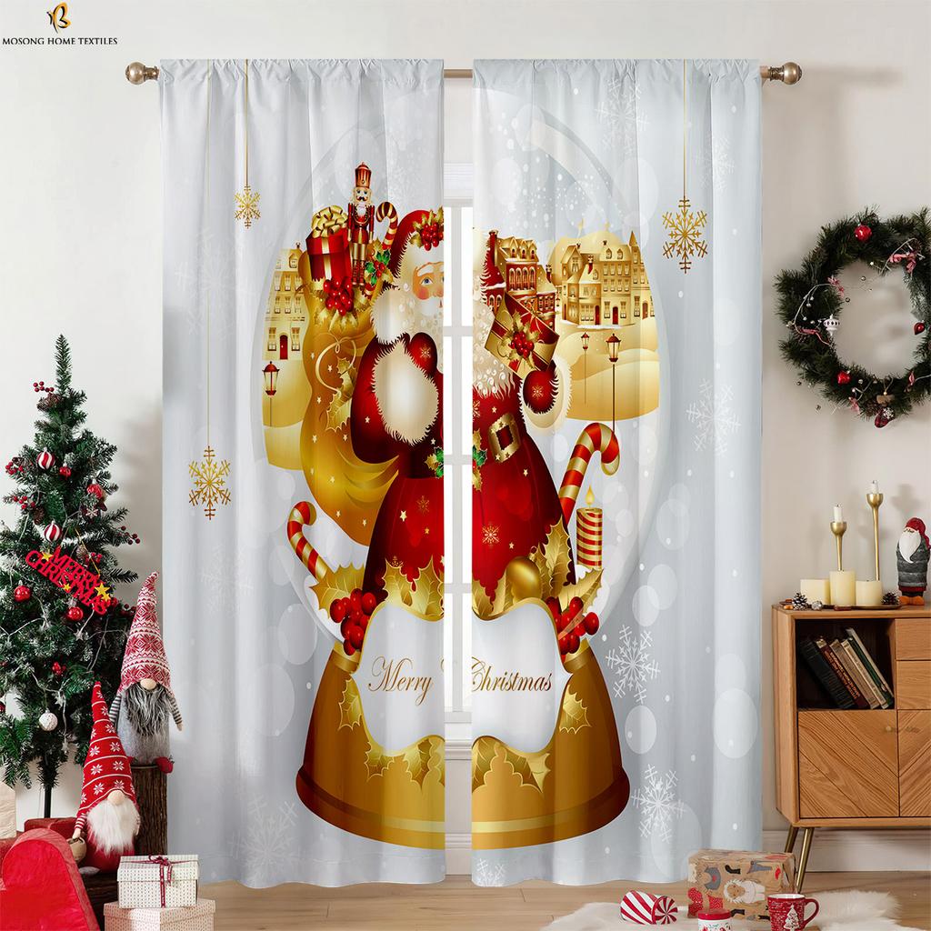 Weihnachtsmann Glocke Cartoon Gedruckte Vorhänge Polyesterfaser Kinderzimmer Restaurant Party Fensterdekoration Vorhänge 2 Stück