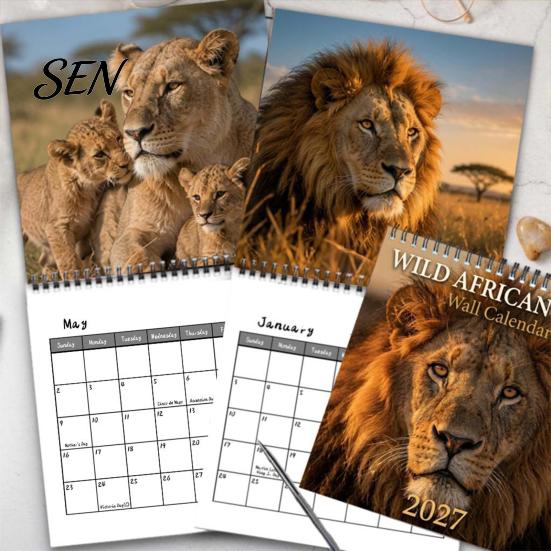 Thick Paper Wall Hanging 2027 African Lion Calendar, 12-Month Wildlife Photography Planner with Durable Metal Coil Binding Binding, for Home