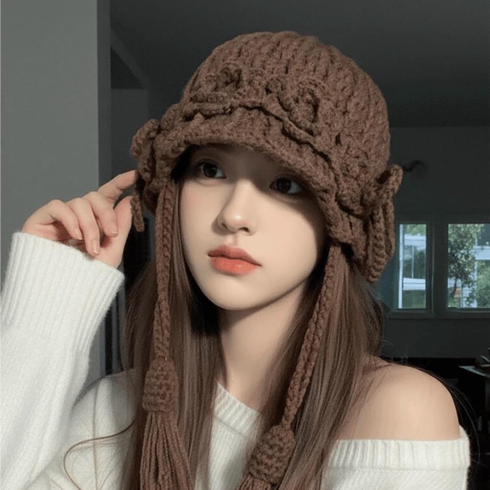 Ladies' Hats New Hand-Knitted Floral Braid Knit Hat for Women Retro Warm and Stylish Fringe Hat Trendy
