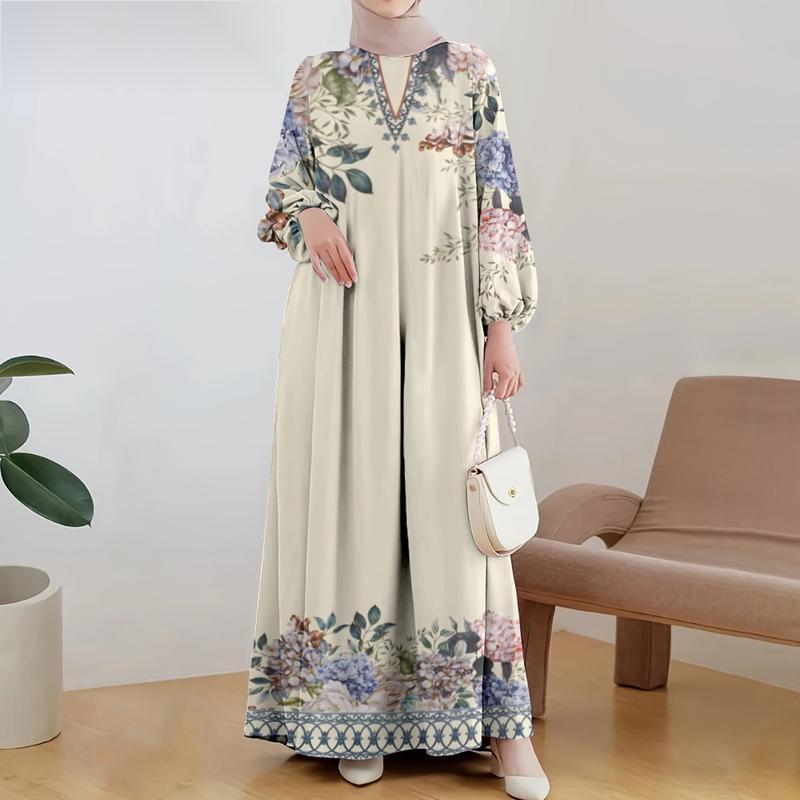 Abaya Maxi Dress da Donna con Stampa Floreale Scollo Tondo Manica Lunga Ampio Casual Robe Islamica Musulmana