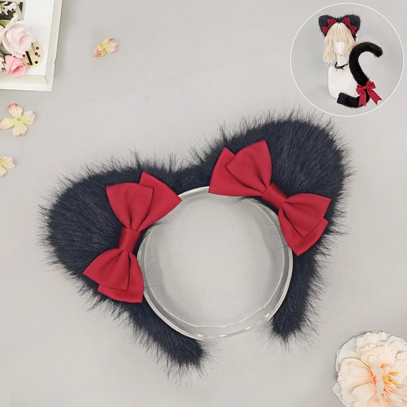 Süßes Katzenohren-Stirnband mit Schwanz-Set Cosplay Anime Convention Lolita Kostümzubehör Plüsch Weiß Rosa Blau Rot Schwarz