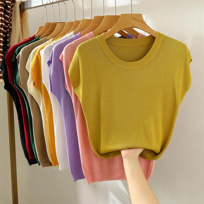 

Women s 2026 Summer Short-Sleeve Ice Silk Knit Top with Puff Sleeves and Round Neck One Size жовтий