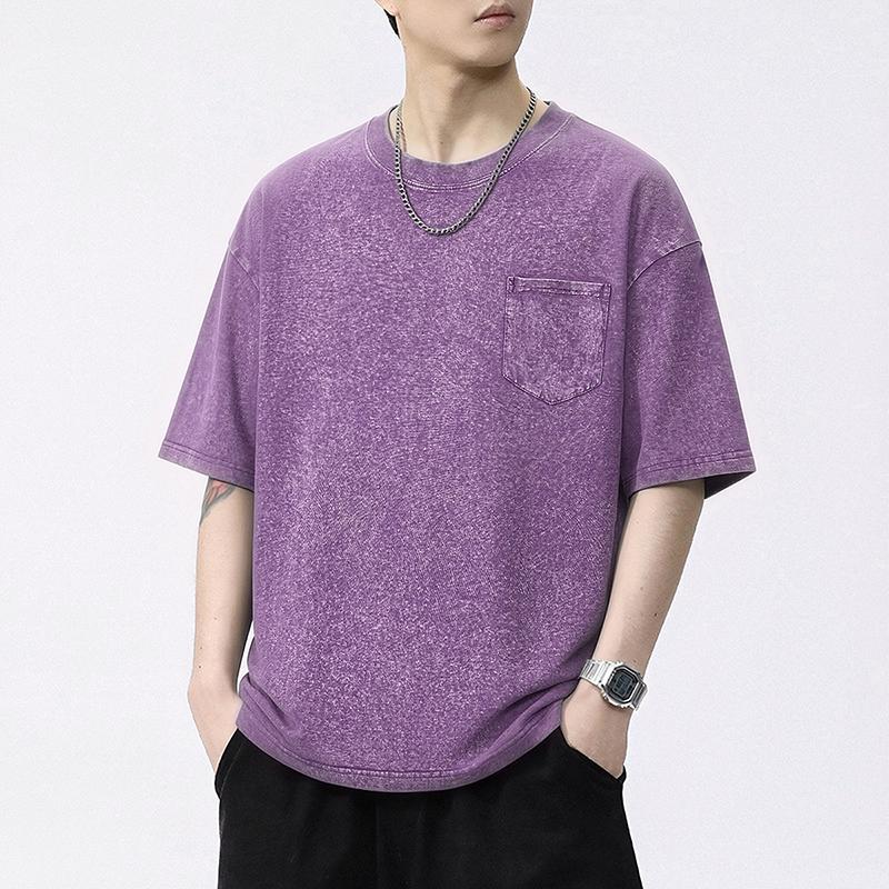 Men's Vintage Washed Cotton T Shirt Crew Neck Short Sleeve Chest Pocket Casual Loose Fit Streetwear Summer Tops