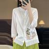 New Chinese Style Seven-Sleeve Xiangyun Yarn Jacket with Embroidered Stand Collar Faux Silk Shirt 