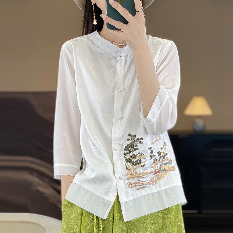 New Chinese Style Seven-Sleeve Xiangyun Yarn Jacket with Embroidered Stand Collar Faux Silk Shirt 