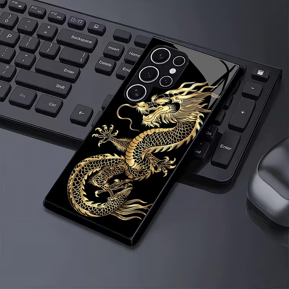 Golden Dragon Design Black Glass Phone Case Suitable for Samsung GalaxyS26 S25 S24 S23 S22 S20FE/Ultra/Plus Anti Drop Back Cover