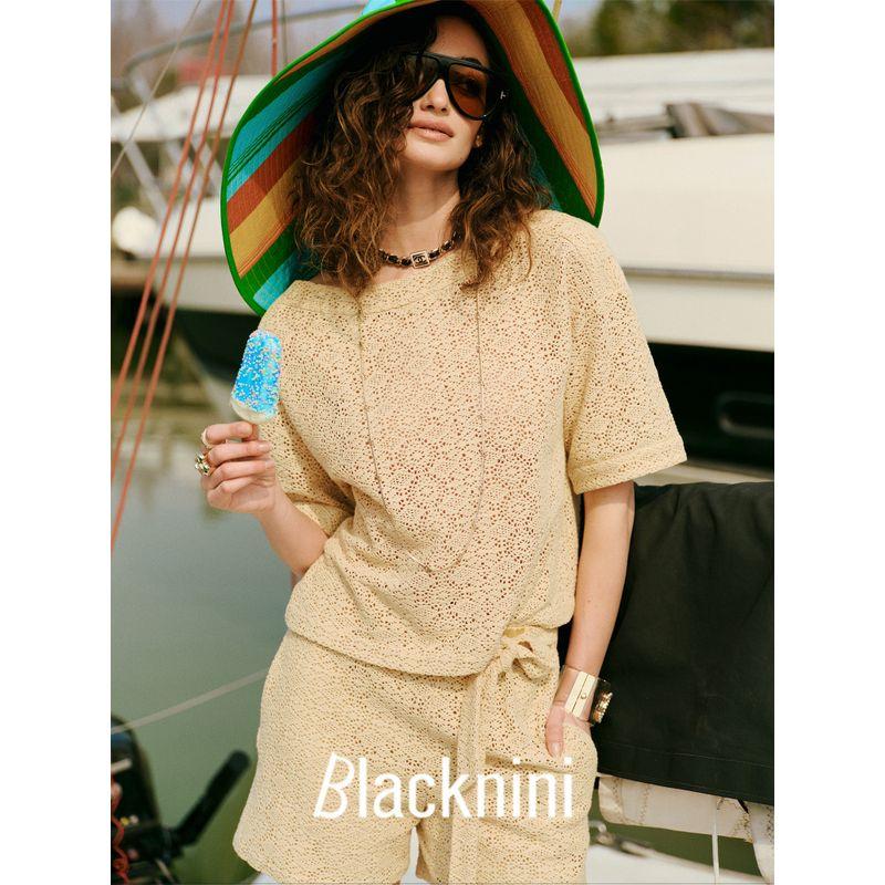 Blacknini "Little Pineapple" Island Country Cotton Lace off-Neck Cut Out Pattern Tops Short Sleeve Shorts