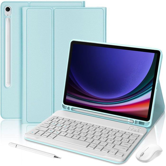 Coque Clavier pour Samsung Galaxy Tab S9 (11 Pouces) Bleu avec Clavier Bluetooth + Souris + Stylet