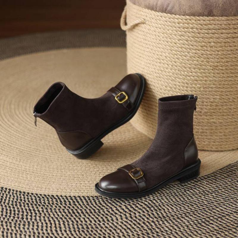 Korean version of the new rubber-soled Martin boots elastic suede solid color square heel round head autumn and winter large size zipper medium boots