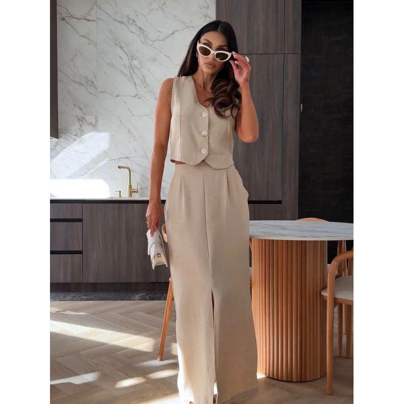

European and American Solid Sleeve Top Casual High Waist Slit Long dress Fashion Dress Outfit Set Skirt Beige White XL