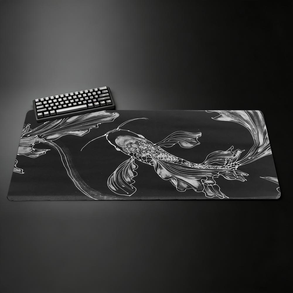 Large Gaming Mouse Pad Black and White Koi Fish Peony Chinese Art Non-Slip Keyboard Desk Mat for PC Gamer Extended Mousepad