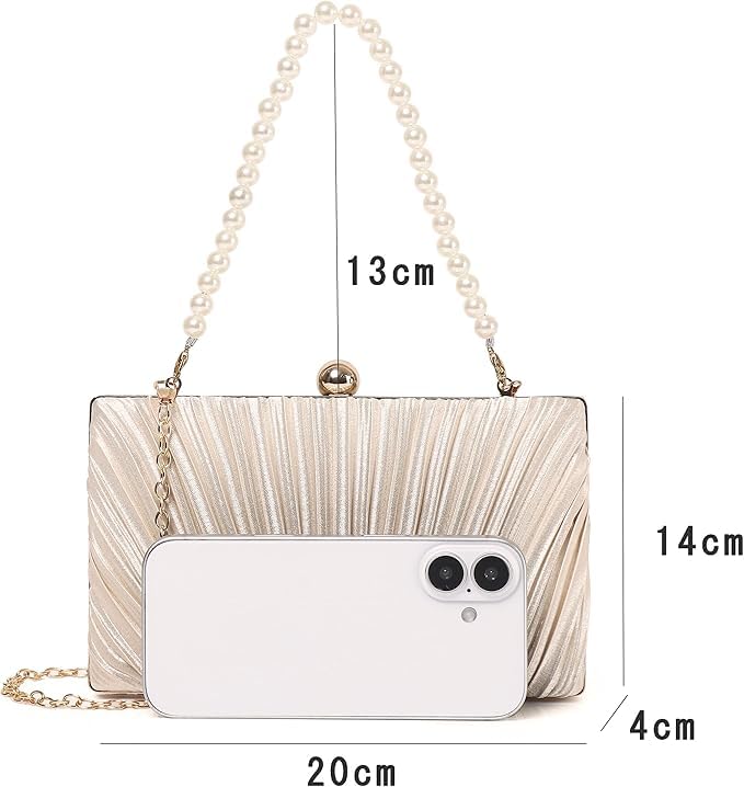 SUNSPOT 3-Way Party Bag, Clutch Bag, Wedding Handbag, Formal Evening Bag for Women with Pearl Chain (Champagne Gold)