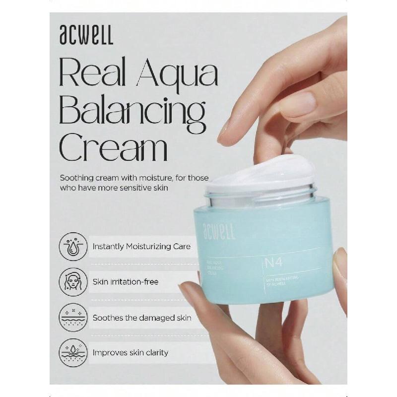 Acwell Real Aqua Crème Équilibrante 50ml - Crème Visage Hydratante Équilibrant le PH, Apaisant les Problèmes de Peau et les Rougeurs pour Peau Sensible