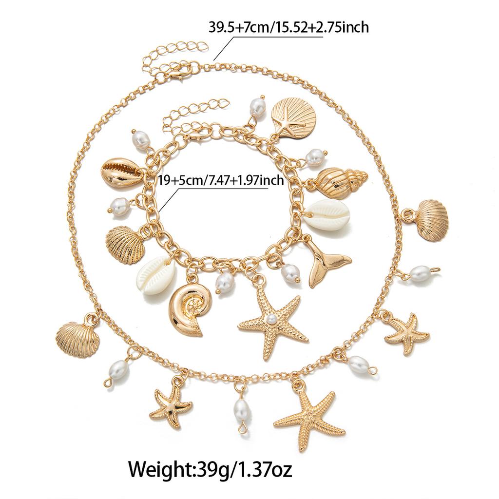 Wind Starfish Conch Pearl Set, Vintage Gold Layered Necklace, Bohemian Style Accessories