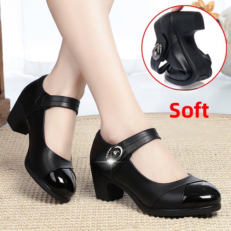 Women's Soft-soled Comfortable Spring and Autumn Single Shoes, Versatile Mid-heel Leather Shoes with One Buckle