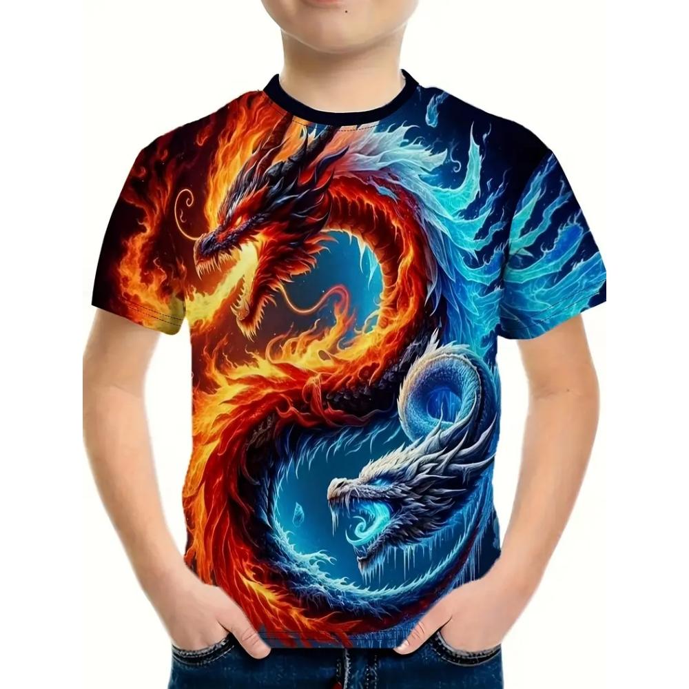 Kids Flaming Dragon 3D Digital Printed Boys' Fashion and Comfortable Round Neck Short Sleeved T-shirt