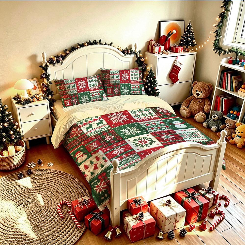 Christmas Duvet Cover Set 3Pcs Patchwork Plaid Snowflake Tree Reindeer Print Soft Microfiber Bedding with Pillowcases