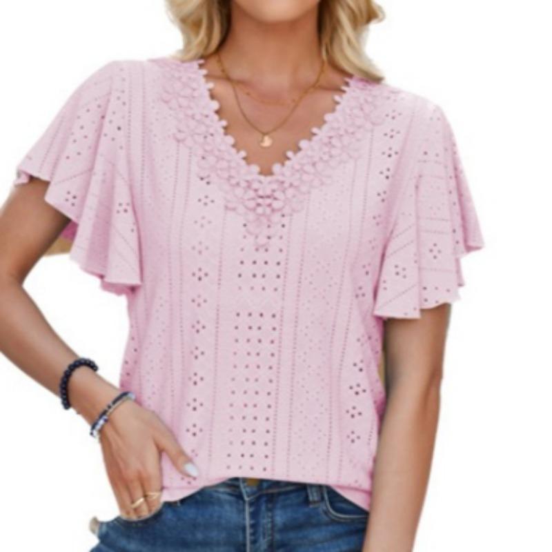 Damen Frühling Sommer Spitze V-Ausschnitt Rüschenärmel Einfarbig Lose T-Shirt