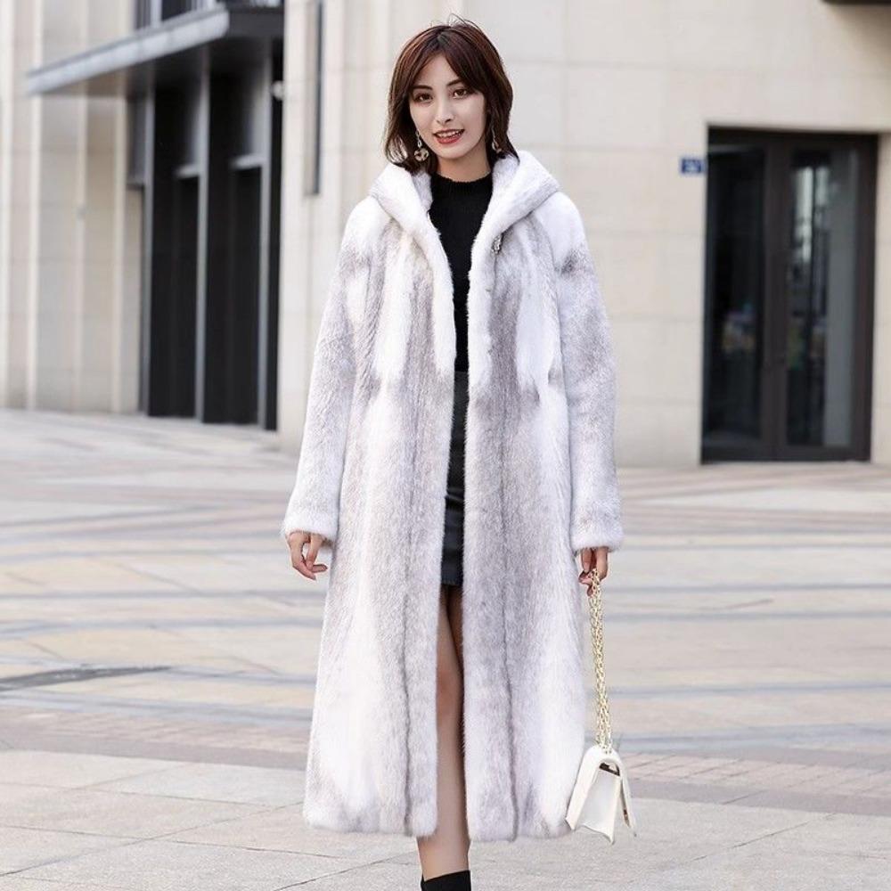 Palton de blană rezistent la frig Palton gros de nurcă Temperament de zeiță Blană dintr-o singură bucată cu glugă Palton de bumbac Palton de blană