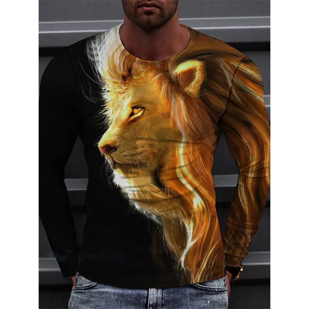 Spring and Autumn Round Neck Lion Pattern 3D Printed Top Fashionable Casual Long Sleeved Men's T-shirts