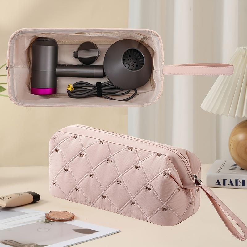 Hair Dryer Storage Bag For Travel Cute Bow Embroidery Quilted Hair Tools Waterproof Zipper Cosmetic Bags