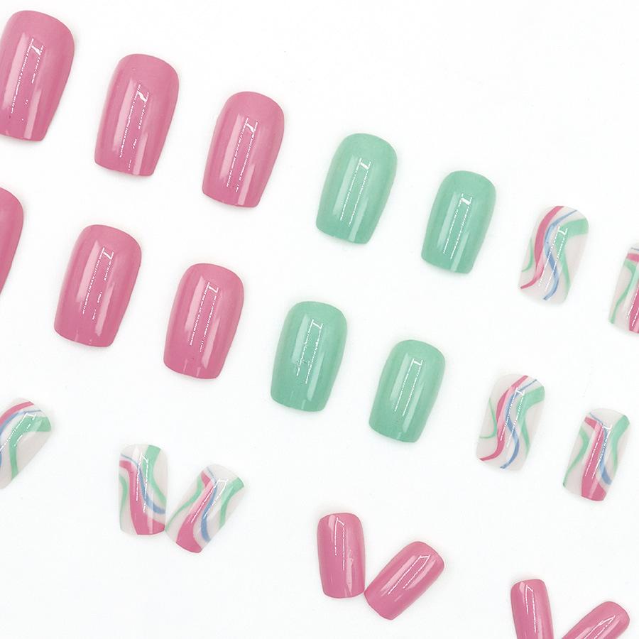 24 Pieces Simple Corrugated Small Fresh Pink Green Mandarin Duck Dopamine Nail Art Tablets Cute Niche Temperament Wearing Nail