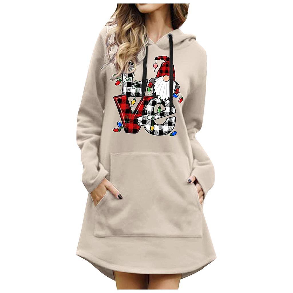 Modisches, lässiges Damen-Pullover-Kleid mit Weihnachtsmotiv, langärmelig und mit Kapuze