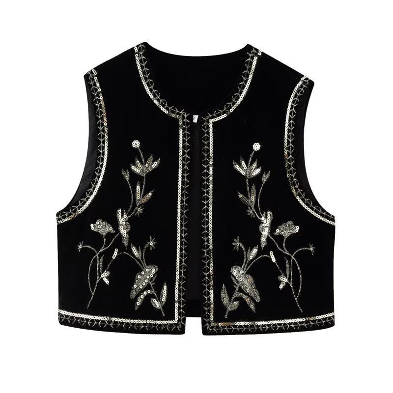 European American Women's Velvet Embroidered Sequin Vest