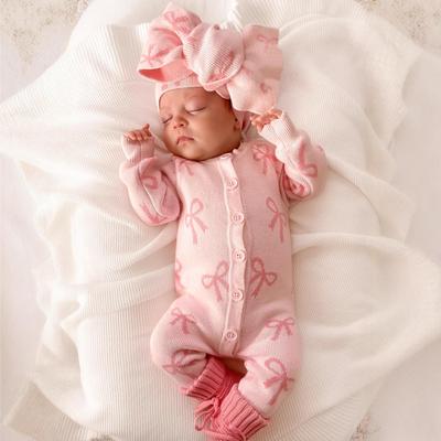 Baby Mädchen Pullover-Strampler mit Schleife: Langarm-Strick-Krabbelanzug mit Beinen für Herbst/Winter.