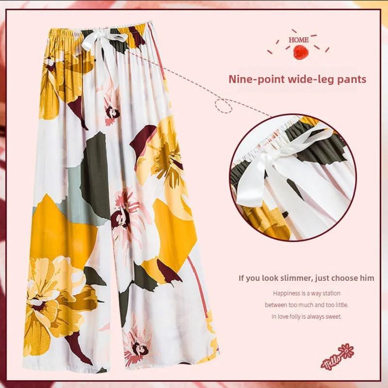 Women's Summer Loose-Fit Wide-Leg Pajama Pants - Imitation Cotton Silk, Nine-Point Length, Wear Indoors or Out