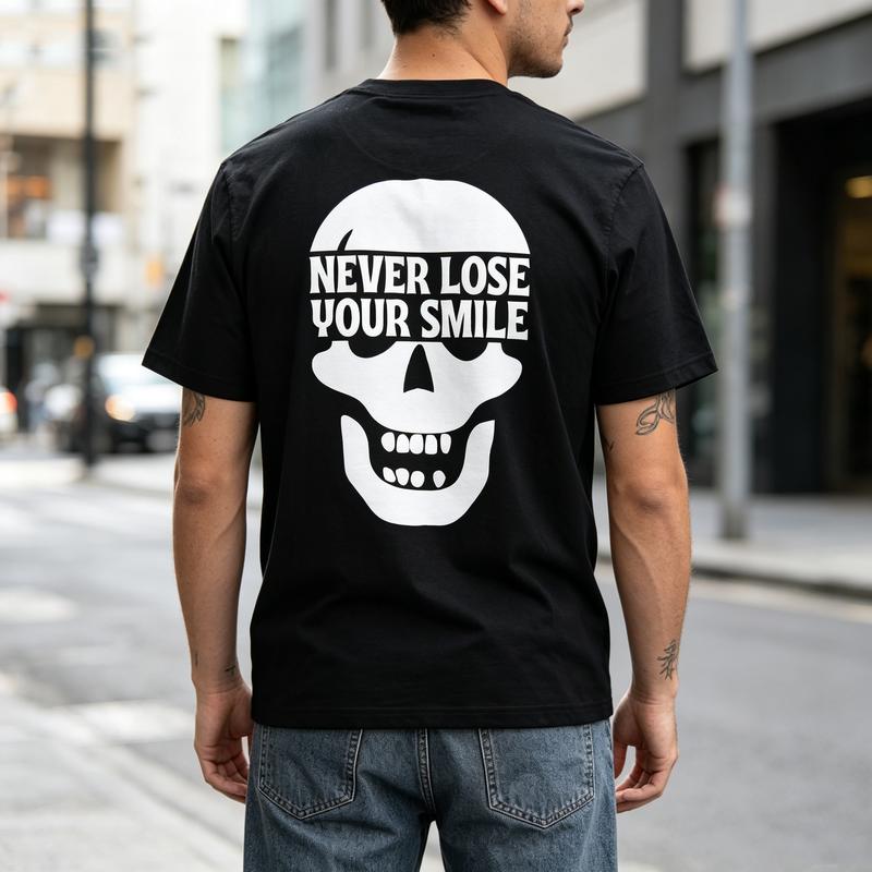 Nikdy neztrácejte svůj úsměv Lebka Grafické Tričko Zadní Potisk Motivační Kostlivec Unisex Měkká Bavlna Kulatý Výstřih Top