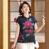 Chinese-style Frog Button Printed Summer Top for Middle-aged Women