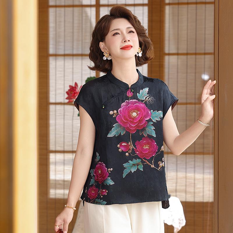 Chinese-style Frog Button Printed Summer Top for Middle-aged Women