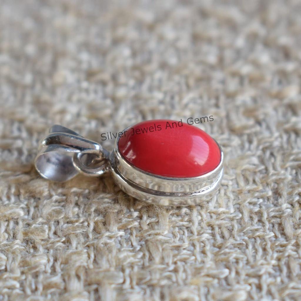 Coral Pendant, Handmade Pendant, 925 Sterling Silver Pendant, Oval Red Coral Pendant, Gift for her, Anniversary Pendant